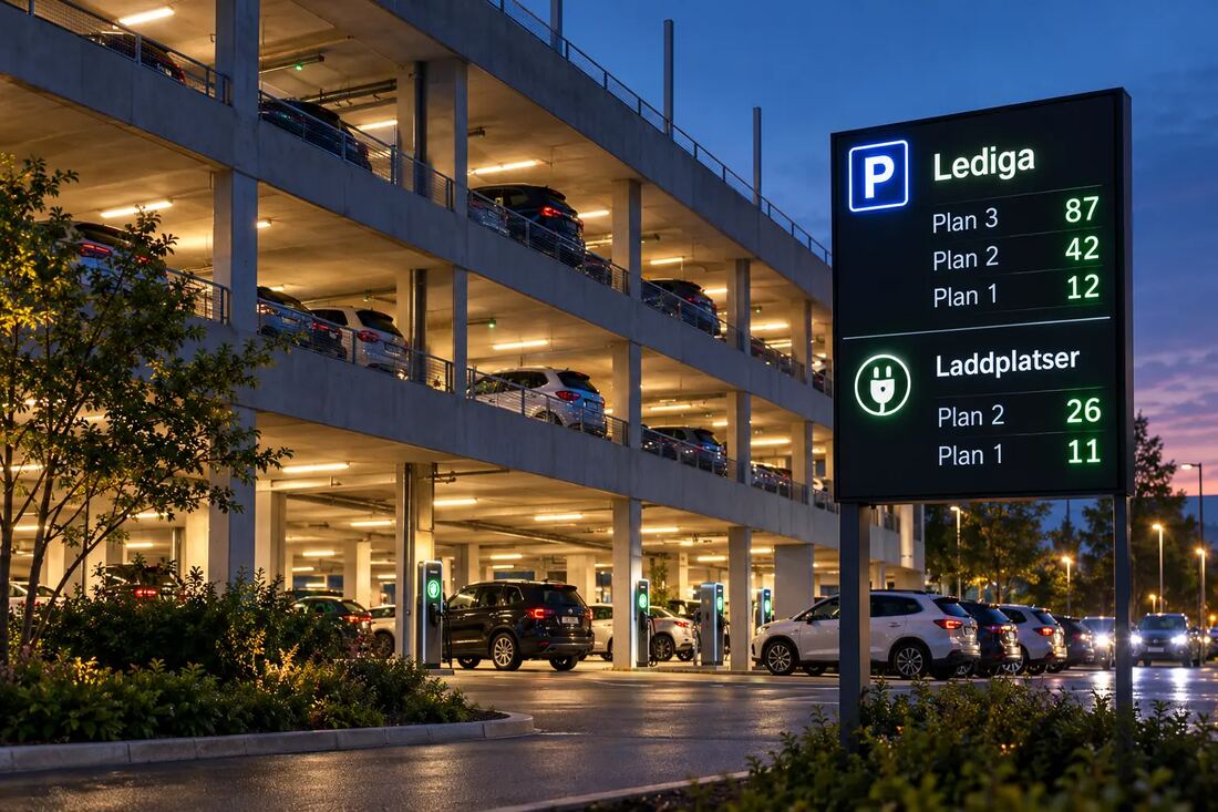 Parkeringsgarage med fordon, laddplatser och skyltar över lediga platser. Illustrativa siffror.